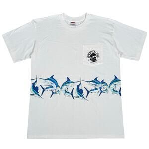 Vintage Wraparound Pirates Cove Manteo NC 1995 Shirt White Marlin Fish USA Large